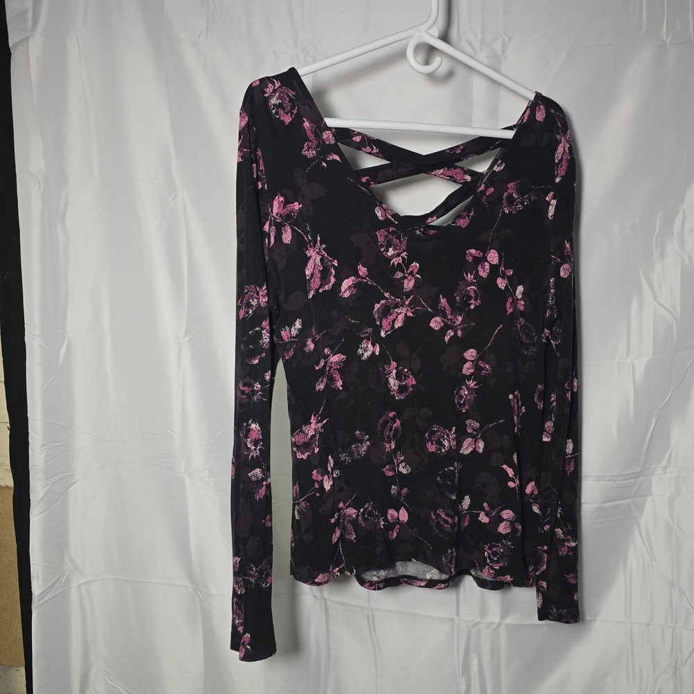 Rock & Republic Womens Large Floral Rose whimsygoth Long Sleeve Top Black Pink